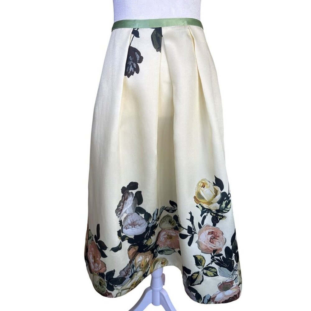 Pamela Barish‎ Skirt Size 6 Full Pleated Taffeta Soft Yellow Floral Pockets...